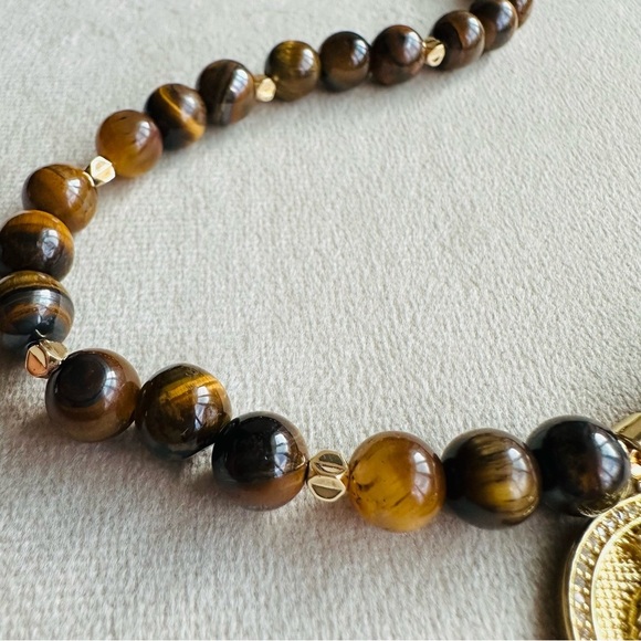 Genuine Tiger Eye Bead Necklace 18k Gold Plated Lion Pendant 18 Inches - Picture 12 of 17